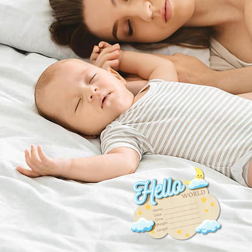 Yezirzax 6.1 4.72 Inch Baby Announcement Sign, Cloud Shape Wooden Hello World Newborn Sign, Personalized Birth