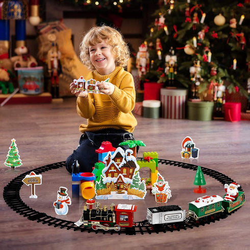 Set 47.2" 4 Set Toyvian Christmas Railway Train with Railway Track & Cars Lights and Sounds Railway,Battery Operated