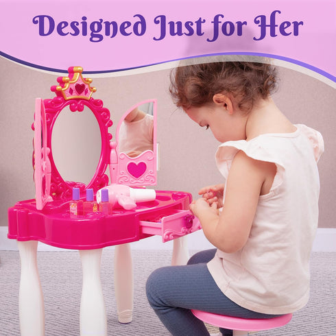 PREXTEX Kids Makeup Table with Mirror and Chair, Princess Play Set with Light and Musical Sound Effects