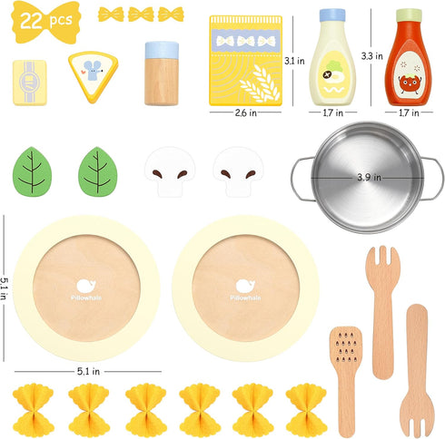 Playset, Set 3+Years Pillowhale Pasta Food Toys, Wooden Play Kitchen Food , Play Food with Pots and Pans Kids Pretend