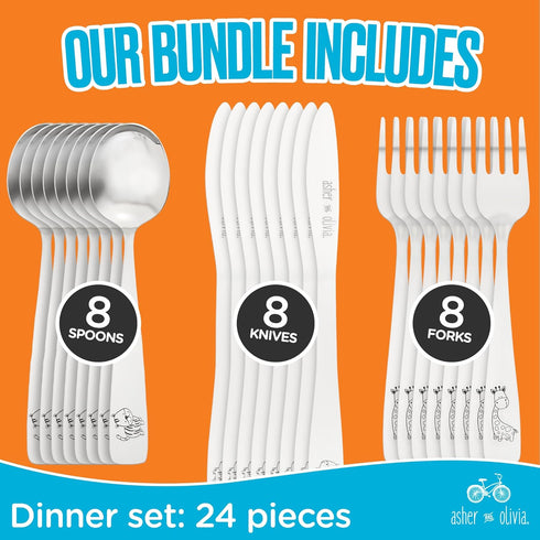 Kids and Toddler Utensils Silverware Set – 24-Piece Toddler Silverware Includes 8 Forks 8 Spoons and 8 Kid-Friendly Knives - kids Metal silverware Flatware Cutlery Set for Preschooler Baby Child by Asher and Olivia