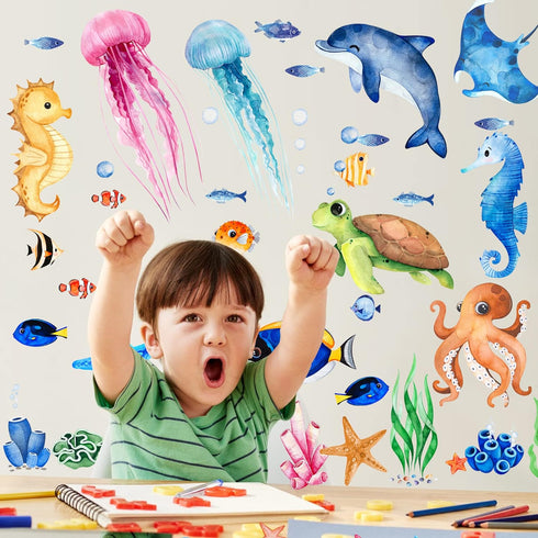 4 Sheets Ocean Fish Wall Decals Stickers, Removable Sea Life Marine Animal Decor for Kids Nursery Bathroom