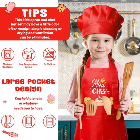 Set 2Pcs R HORSE Kid Apron and Chef Hat - Red Mini Chef Adjustable Children Kitchen Toddler Apron for Girls Boys, Funny