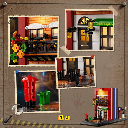 Set 1241 12+ INSOON Detective Bookend Building with Lights, PCS Detective Agency Street House Building Block Kit