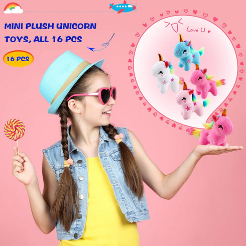 16 Pack Mini Plush Unicorn Toys, Small Stuffed Unicorn Keychain Toys Bulk for Christmas Birthday Wedding Favors