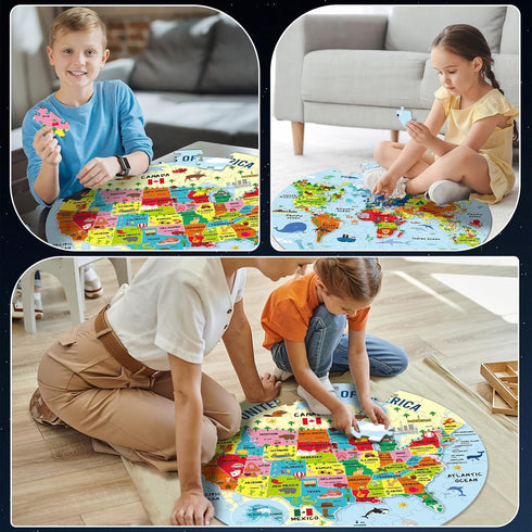 2 Sets Floor Puzzles World and United States Map Puzzles with Poster, Geography Educational Learning Toys for Kids 4-8