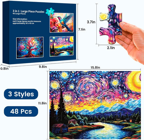 3 Packs 48 Large Piece Puzzles for Seniors - Dementia and Alzheimer’s Memory Cognitive Games with Storage Bags