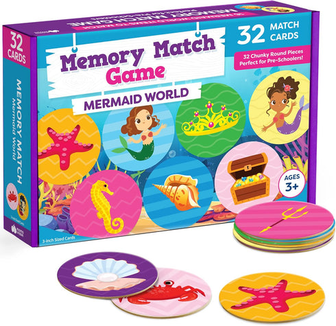 Girls Matching Memory Game for Kids - 32pc Mermaid Concentration Card Matching Games for Preschool Toddlers Ages 3-5