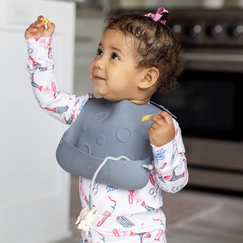 BUSY BABY Silicone Baby Bib for Babies & Toddlers, Pre-Formed Holes for Bungees