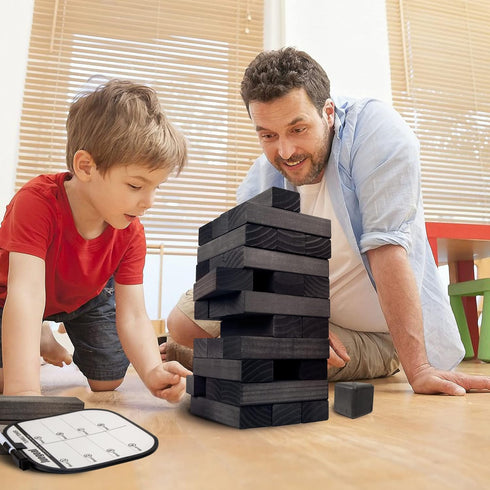 Juegoal Giant Tumble Tower Blocks Game, 54 Pieces Wood Stacking Game with Dice Set and Canvas Bag for Family Fun
