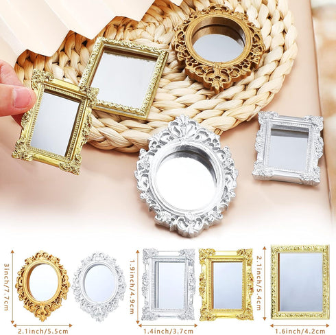 5 Pieces Miniature Dollhouse Mirror - European Frame Victorian Baroque Wall Mirror, Gold and Silver
