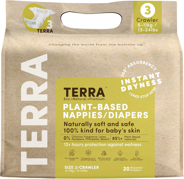 Terra Diapers Size 3: 85% Plant-Based Diapers, Ultra-Soft & Chemical-Free for Sensitive