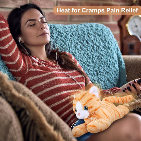 Heatable & Coolable Orange Cat Stuffed Animal, Microwave Heating Pad for Cramps & Pain, Plush Cat Toys Gifts