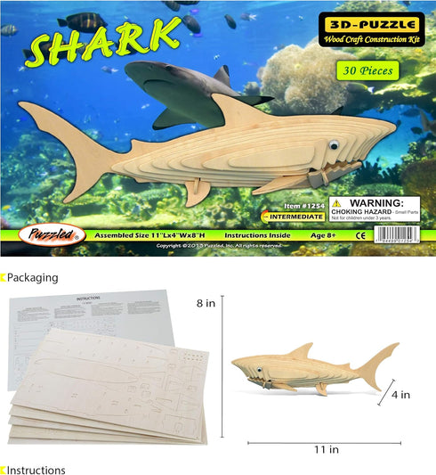 Puzzled 3D Puzzle Shark Wood Craft Construction Model Kit, Fun Educational DIY Wooden Toy Assemble Model