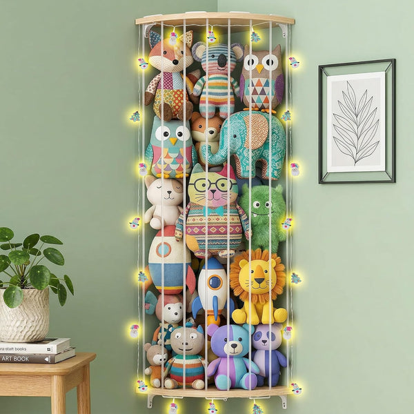 WIBOND Stuffed Animal Storage With Christmas Deco Light, Wood Corner Plush Toys Holder