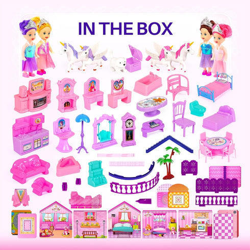 Dollhouse with 4 Princesses, 4 Unicorns, Dog, Furniture & Accessories - Pink and Purple Dream Toy for Girls Ages 2-7