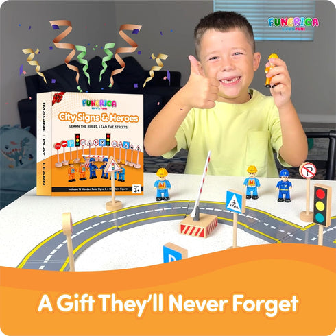 Community Set 310 Wooden Traffic Signs & Helper Figures Toy Includes Police, City & Construction Workers, Road Signs
