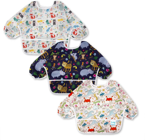 3 Pcs Long Sleeved Bib Set | Baby Waterproof Bibs with Pocket Bundle for Toddler, 6-24 Months