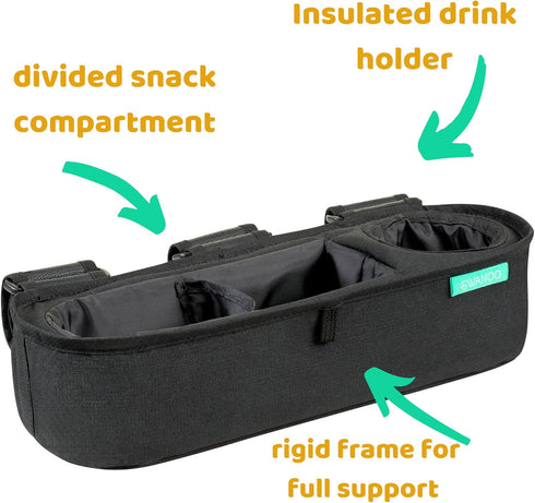 Firmly Universal Stroller Tray with Insulated Sippy Cup Holder - Upgraded Rigid Frame Stays Upright - Exclusive Non