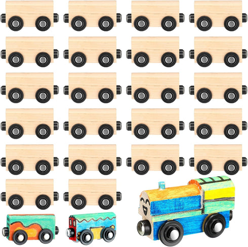 Lenwen 26 Pcs Unpainted Magnetic Wooden Train Cars - DIY Unfinished Train Set for Boys Girls Party Favors