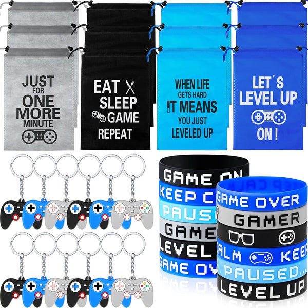 Shappy 36 Pieces Video Game Bracelets, Wristbands, Gaming Party Bags with Drawstring Game Controller Keychains