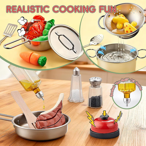 Set, Playset 2 Play Kitchen Accessories, Large Stainless Steel Toddler Cooking Kids Kitchen with Cutting Play Food