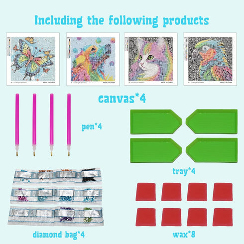 Libfx 4 PCS Diamond Art Kits for Kids - Diamond Art for Beginners, Girls and Boys Ages 8-12 (Parrot-Cat)