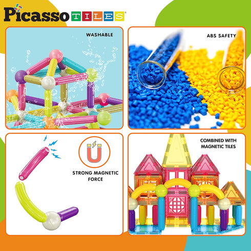 82 3+ PicassoTiles Piece Magnetic Sticks and Magnet Tiles Construction Building Block Toys for Toddlers, STEM Learning