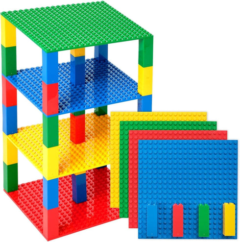 Strictly Briks Compatible with Lego Classic Stackable Baseplates, 4 Base Plates & 30 Stackers, Red, Green, Blue &