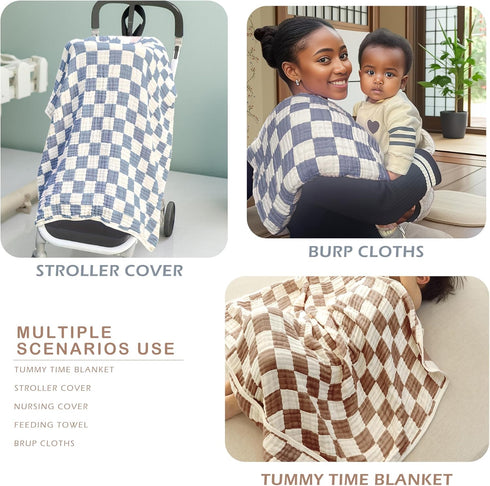 Brnabiou 2 Pack 32x32 inch Ultra Soft Checkered Muslin Hooded Baby Towels for Newborn Boys and Girls Cotton Muslin Baby