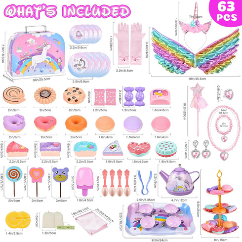 Set 63Pcs Sets Playset, Tea Party for Little Girls: Pretend Play Toys, Unicorn Princess Dress Up Tea Time, Tin Tea