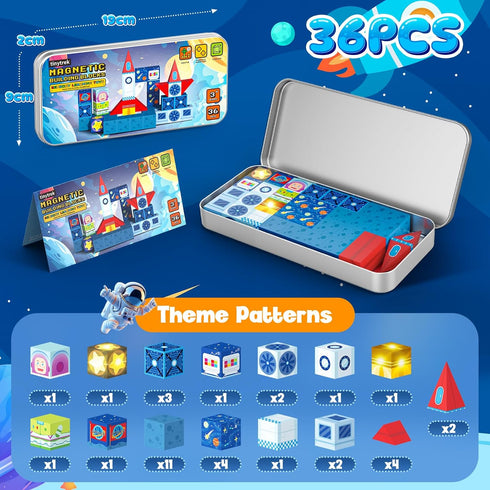36 Set PCS Mini Magnetic Tiles Travel with Portable Iron Storage Box, STEM Learning Magnetic Building Blocks with LED