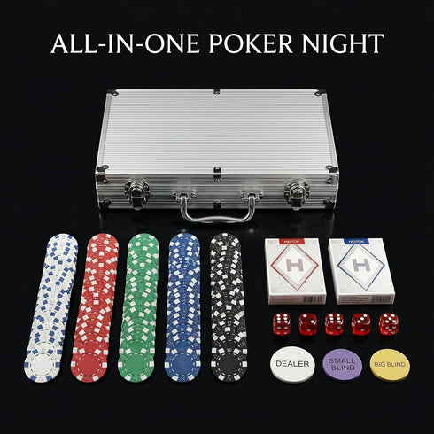 Set 200-pcs 5 HEITOK Texas Hold'em Poker Chip with Aluminum Carrying Case & Professional Weight Chips Plus Poker Dice