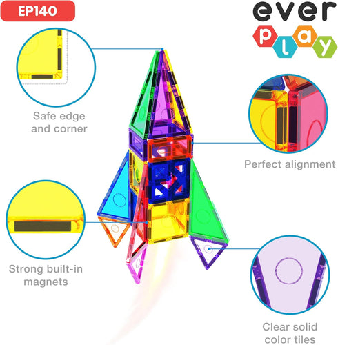 Everplay 140 pc Castle Rocket Magnetic Tiles with Car Set, Building Block Toys for STEM Educational Learning
