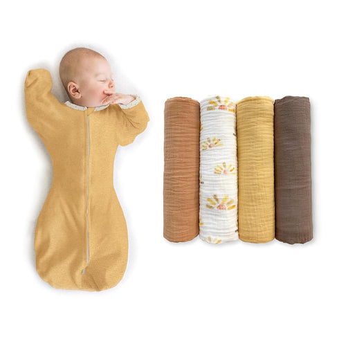 SwaddleDesigns Baby Swaddle Set, Gold, 6-9 Mo Transitional Swaddle Sack with Arms