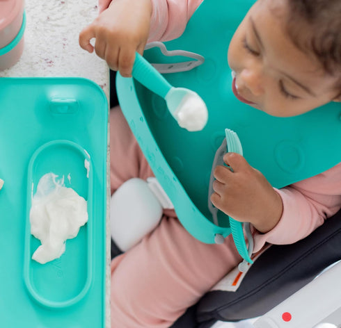 BUSY BABY Silicone Baby Bib for Babies & Toddlers, Pre-Formed Holes for Bungees