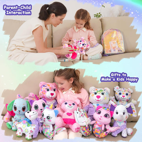 DRAWMYTOY 20 Backpack Set 3-6 Stuffed Animal Coloring Plush Toy Bear with Washable Markers Laser Holographic Road Trip