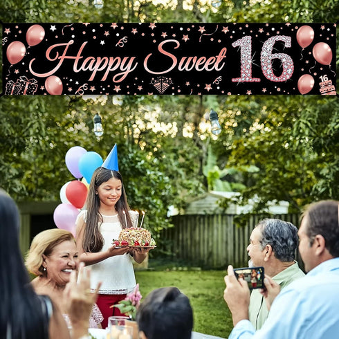 16th Birthday Decorations, Rose Gold Happy Sweet Sixteen Banner Party Supplies for Girl's 16 Year Old