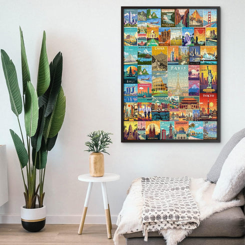 Vintage World Travel Puzzles for Adults 1000 Piece, Colosseum Eiffel Tower Landscape Poster Puzzle