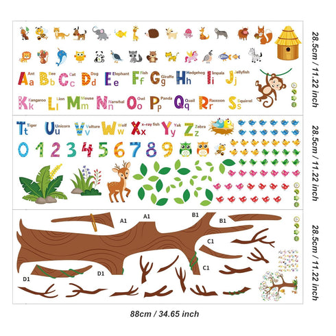 Zonon 3 Sheets Animal Alphabet and Numbers Tree Wall Decals, Learning ABC Letters Birds Numbers Peel and Stick Home