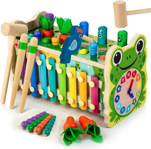 6 in 1 Wooden Montessori Toys for 1 Year Old - Whack-A-Mole Hammering Pounding Toy with Xylophone, Educational Gift