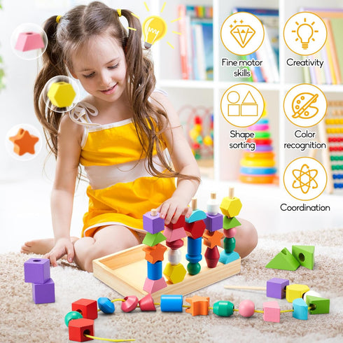 Montessori Preschool Educational Wooden Toys for Toddlers, Lacing Beads & Stacking Blocks Gifts for Kids