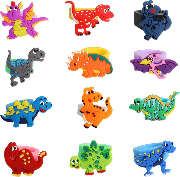 Finduat 24 Pcs Dinosaur Rubber Rings for Party Favors, Cupcake Topper for Dinosaur Party Supplies