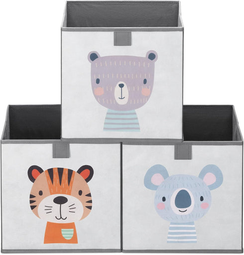 Navaris Kids Storage Cubes (Set of 3) - 11x11x11" Animal Designs - Children's Fabric Organizer Bin - Beige