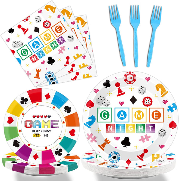 Wiooffen 96 Pcs Family Game Night Party Supplies, Gaming Party Decoration for Birthday, Tableware Set for 24 Guests