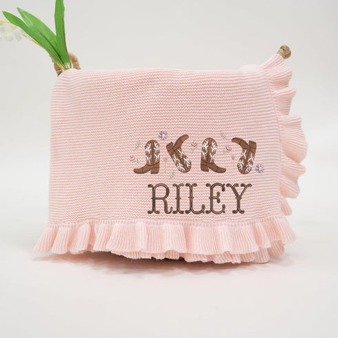 Personalized Cowgirl Name Blanket, Custom Knit Baby Girl Blanket, Embroidered Western Infant Throw, Soft Newborn