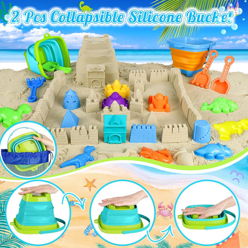 34Pcs Set 2 3-12 Beach Toys, Dinosaur Sand Toys for Kids Toddlers, Sandbox Toys with Collapsible Beach Bucket, Mesh