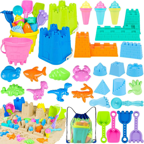 REZUCREY Beach Toys for Kids Toddlers, Sand Castle Toys with 4 Sand Bucket