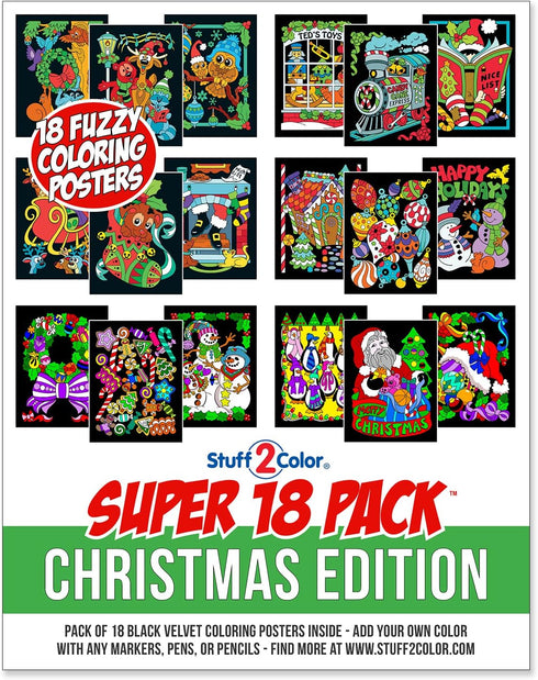 Super Pack of 18 Fuzzy Velvet Coloring Posters – Christmas Edition for Family Craft Project, All Ages DIY Fun