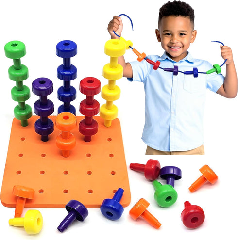 Foam Peg Board Toy - 36 Pegs, Foam Board, Lacing String, Storage